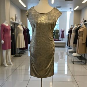 JOSEPH RIBKOFF GOLD METALLIC RUCHED SHEATH DRESS WITH BUTTON DETAILS/ Size 10